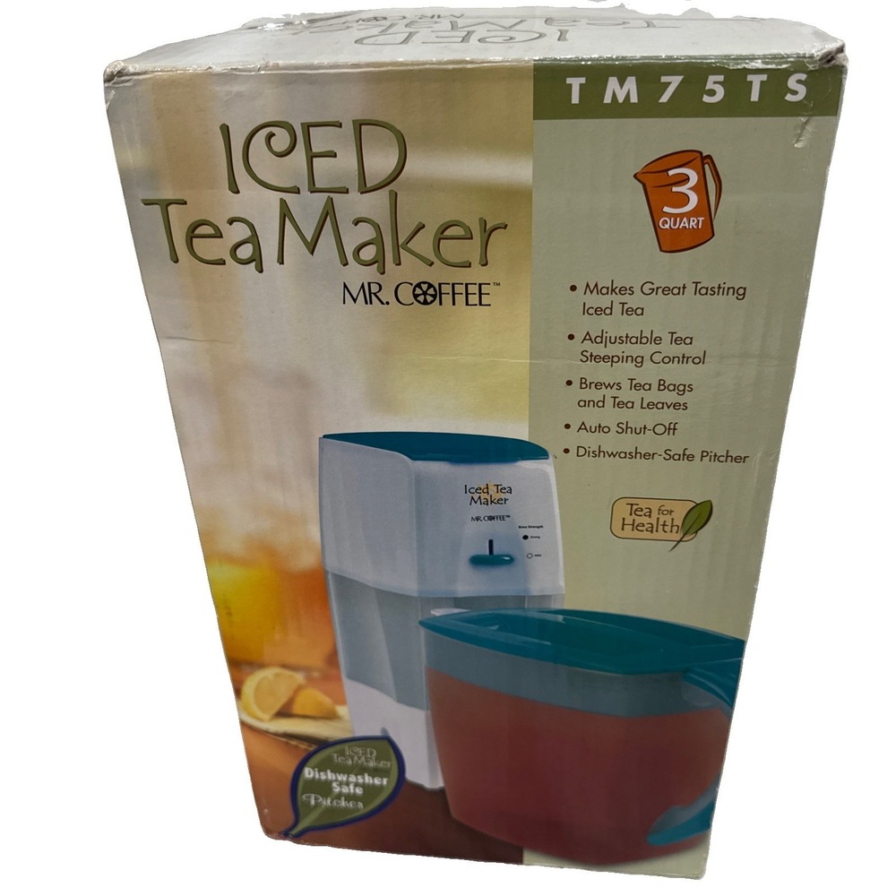 Mr. Coffee TM75 3-Qt Iced Tea Maker White/Blue Pitcher Auto Shut-Off